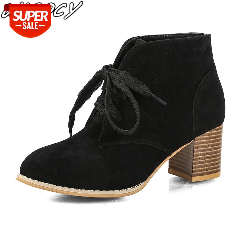 

New short plush warm women's Boots British wind shallow pointed thick heel Work boots high quality suede laceup fashion boots #1J7v, Black