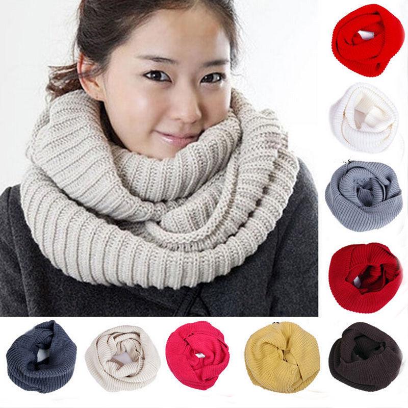 

Multicolor Scarves for Women Winter Warm Solid Color 2 Circle Cable Knit Cowl Neck Long Scarf Shawl