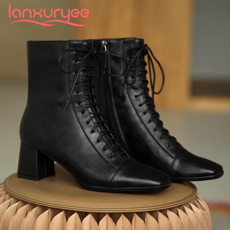 

Lanxuryee winter shoes women split leather handmade square toe thick high heel zipper young lady gorgeous mature ankle boots L10, Black