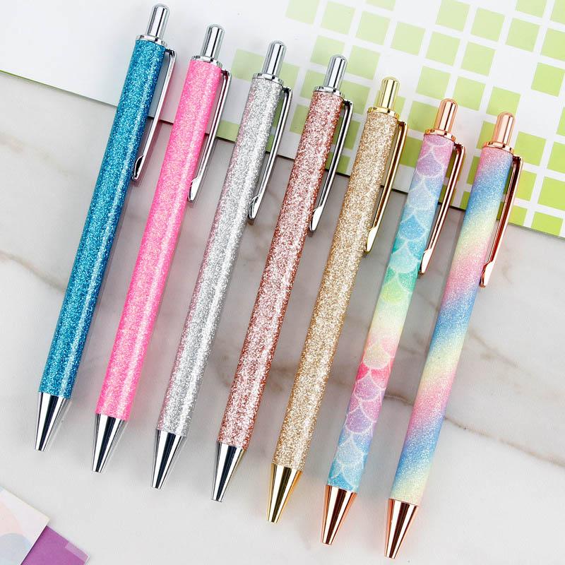 

Retractable Glitter Ballpoint Pen Office Lady Ball Pen School Stationery Metal Rainbow for Girl, Pink