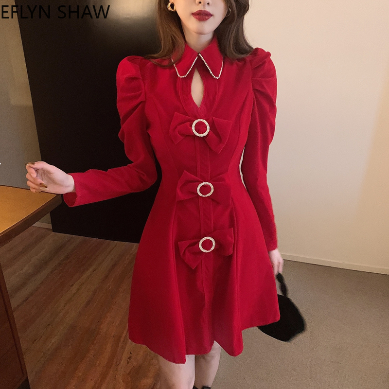 

2021 New Retro Style Elegant Short Ladies Buttons Up Long Sleeve a Line Dressed As Party Out Sexy Black Diamond Red Dress IS5X ILAV