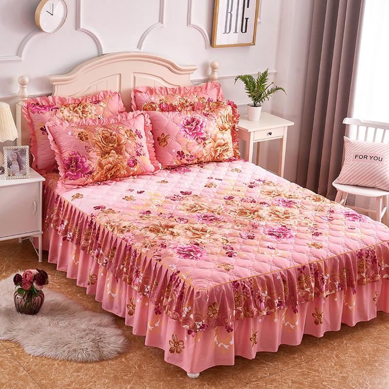 

Quilted Thick Soft Bedspread Lightweigh Microfiber Flowers Blossom printed Double Ruffled Bedskirt 160X200cm 3Pcs Bed cover set, Color 11