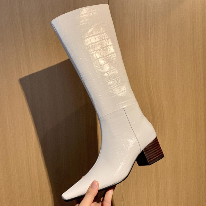 

Women's genuine leather thick med heel Stone pattern side zip winter knee high boots poined toe casual autumn awarm plush shoes, Black