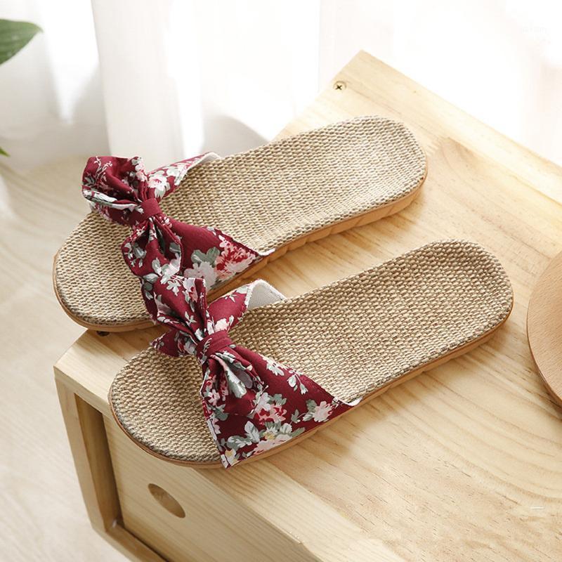 

Women Female Bowknot Flax Linen Flip Flops Beach Shoes Sandals Female Bohemia Slipper Outdoors Summer Round Toe Slippers p51, As shown
