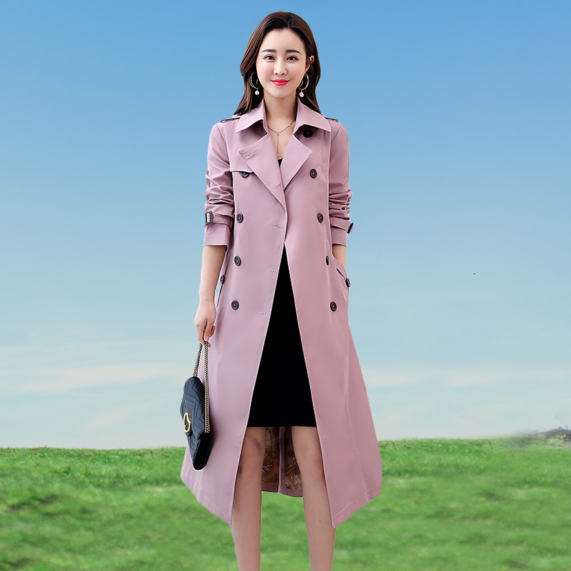 

2021 New High Quality Autumn Long Trench Double Breasted Thin Female Fashion Jacket Office Coat 8HKK, Pink