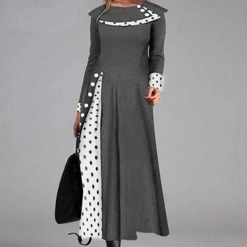 

Vintage Maxi Dresses Sexy Double-layer Polka Dot Print Long Dress Women Autumn Buttoned Patchwork Party Dress Winter Long Sleeve #Cx70, Black;gray