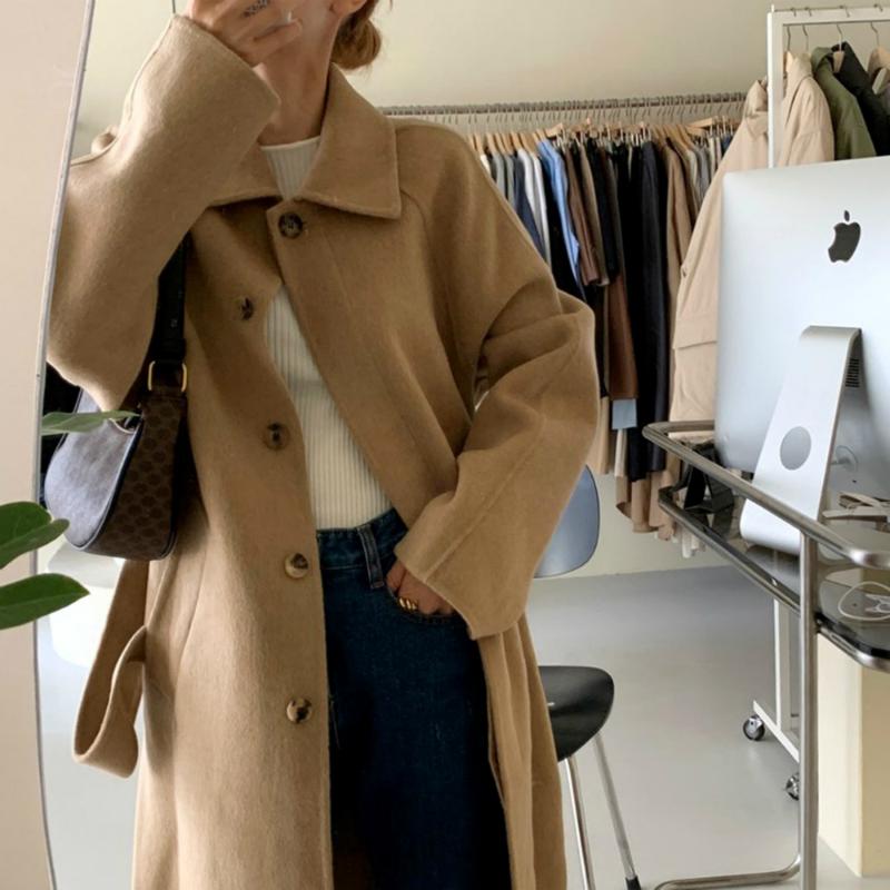 

Women Winter Brief Long Wool Coat Jacket with Belt Turn-down Collar Coverd Button Woolen Overcoat Outerwear Cardigan, Blue