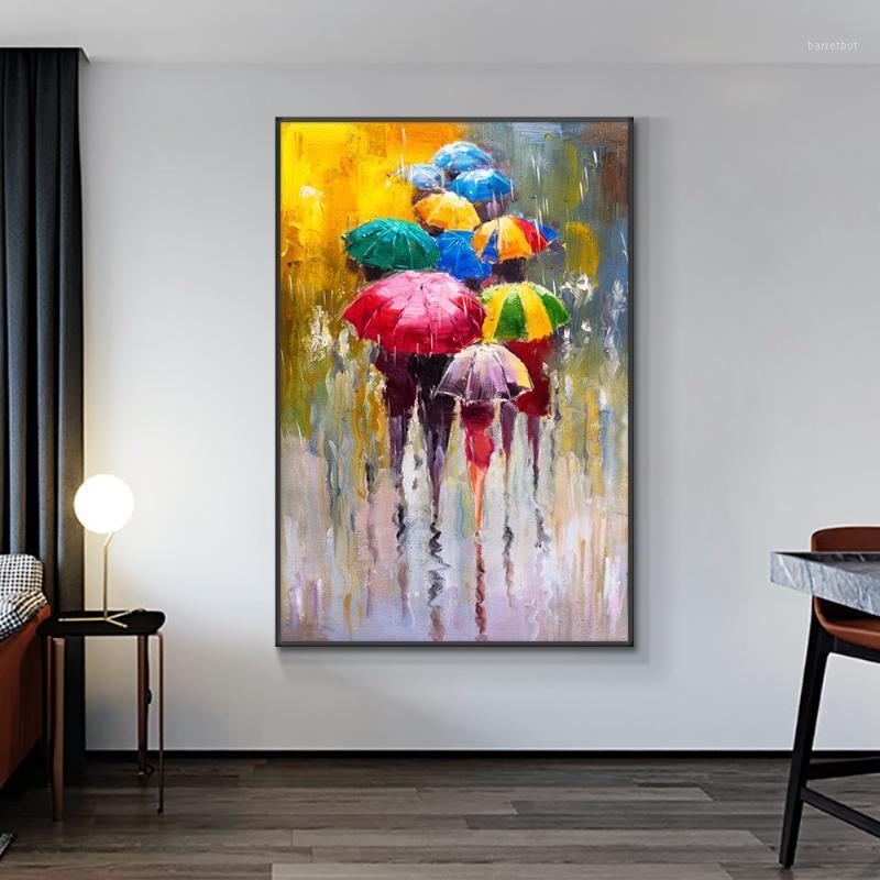 

100% Hand Painted Oil Painting On Canvas Abstract People In the Rain With Colorful Umbrellas Wedding Decoration For Living Room1