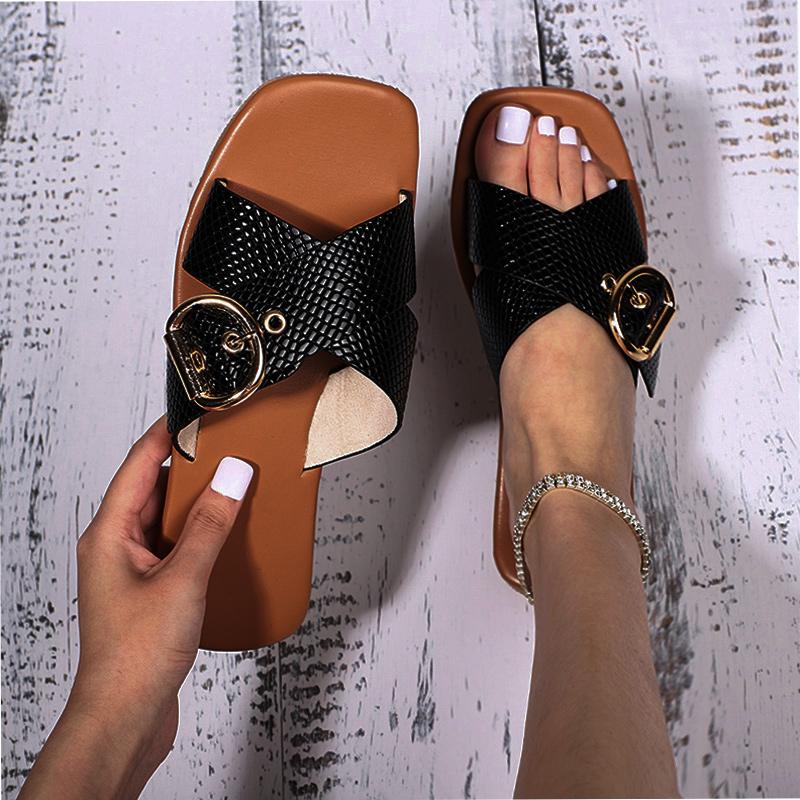 

2021 Summer Women's Slippers PU Ladies Flats Shoes Buckle Square Toe Women Fashion Shoe Soft Bottom Female Casual Footwear, White
