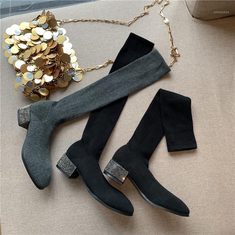 

Boots Socks Heels Crystal Booties Ladies Shoes Round Toe Boots-women Stockings Rhinestone Low Over-the-knee Autumn Mid1