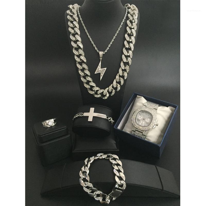 

fashion men's watch Iced Out Cuban Hip Hop Watch &Necklace &Pendant & Bracelet &ring Combo Set Pendant Men's Jewelry Set1, As pic