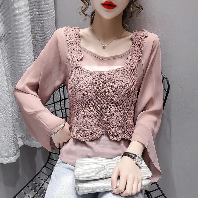 

blusa feminina Sweet New Hollow out Lace Tops Casual Long sleeve Women Chiffon blouse shirt Two-piece Autumn clothes, Pink
