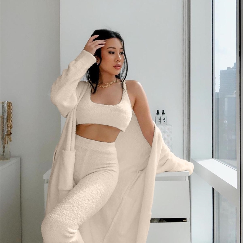 

Sexy Plush Fluffy Fleece Knitted Sweater Pajamas Women Set Two Piece Set Top and Pants with Coat Pyjama Woman Winter Sleepwear 201217, Beige