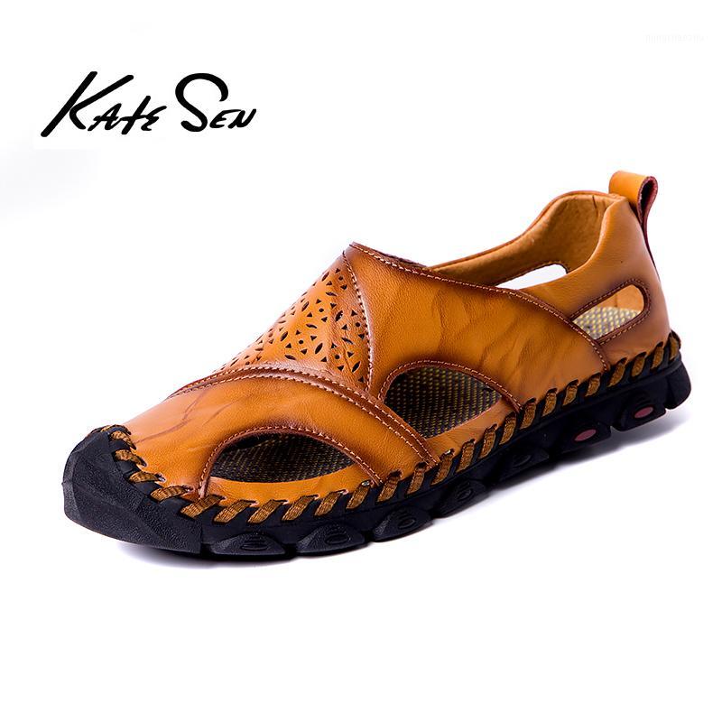 

KATESEN Genuine Leather Men Sandals Shoes Summer man Leisure Beach mens shoe High Quality Sandals Slippers Bohemia Big Size1, Black sandals