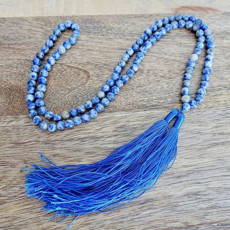 

6mm Blue And White Dot Stone Knotted Mala Necklace 108 Meditation Prayer Beads Handmade Double Tassel Necklace Spirituality1