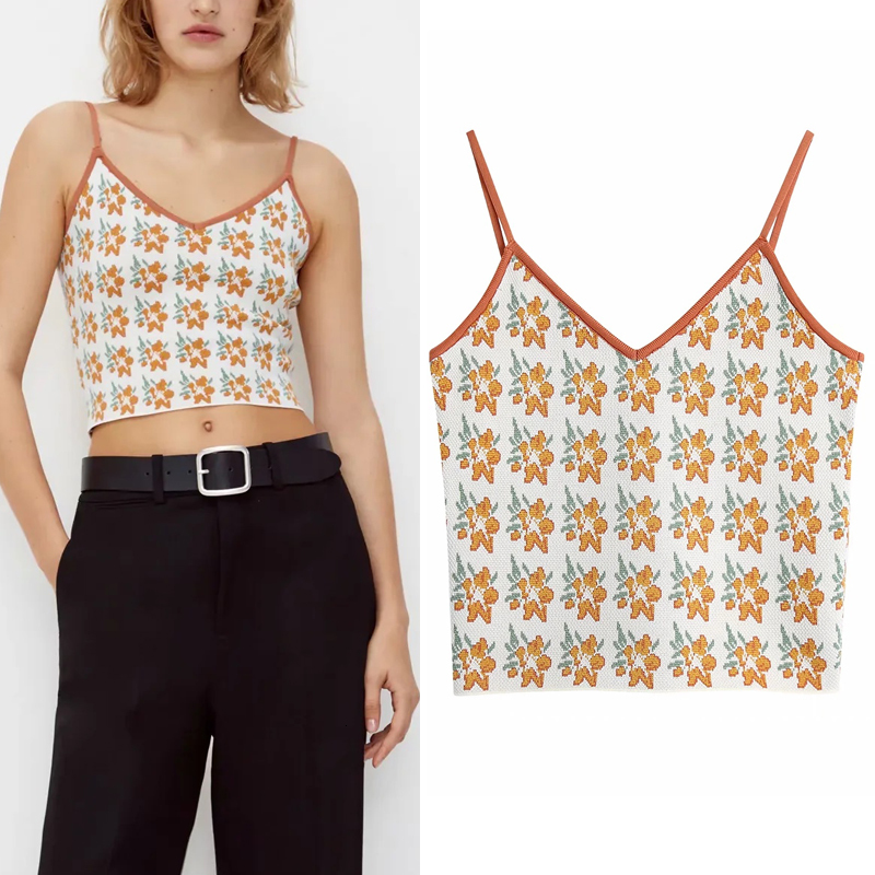 

2021 New Women Jacquard Cropped Knitted Sweater Vest Woman Vintagev Neck Sleeveless Pullover Ladies Slim Sexy Strap Top Wiqm, Orange