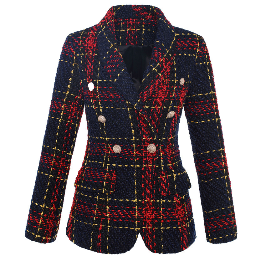 

2018 Foreign trade explosion models female jacket line plaid weave tweed wool double-breasted suit jacket S18101304, Multi