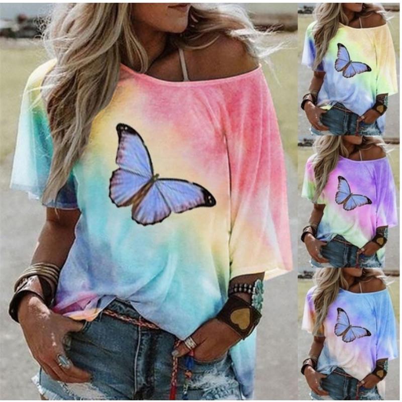 

2021 Inspired Celebrity Star Casual Summer Printed Butterfly Short Sleeve Sweater Around the Neck Loose Female Shirt Wg1h