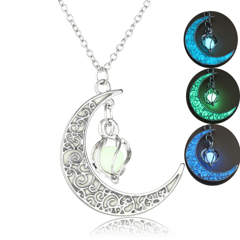 

2020 Moon Glowing Necklace Gem Charm Jewelry Silver Plated Women Halloween Pendant Hollow Luminous Stone Pendant Necklace Gifts
