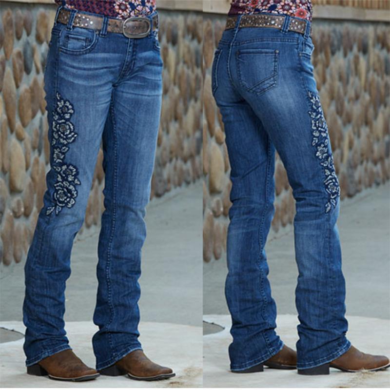 

Mid Waist Streetwear Jeans Classic Women's Daily Office Wear Jeans Fashion Embroidery Washed Slim Pants Women's Casual Trousers, Blue