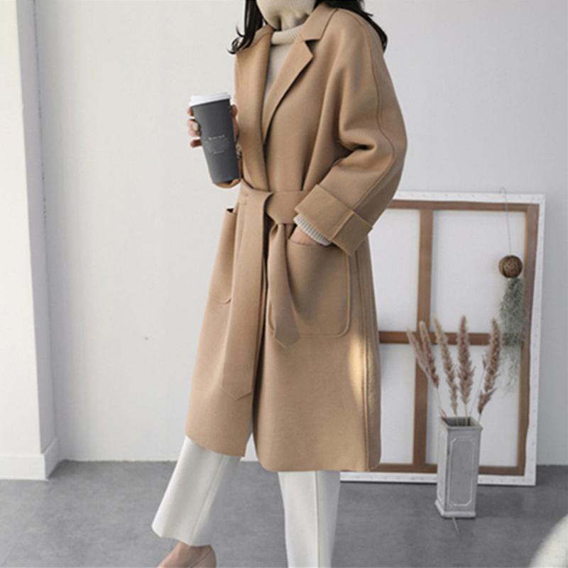 

Winter Coat Women Long Sleeve Elegant Lapel Belted Long Woolen Outwear Coats 2020 Autumn Streetwear Casual Overcoat, Camel