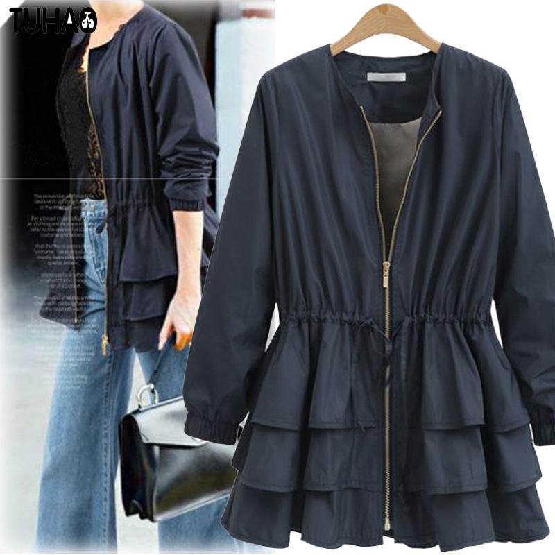

TUHAO Zipper Ruffles Female Large Size Trench Coat Autumn Slim Vintage Elegant Trim Belted Casual Outerwear for Women BY13, As picture