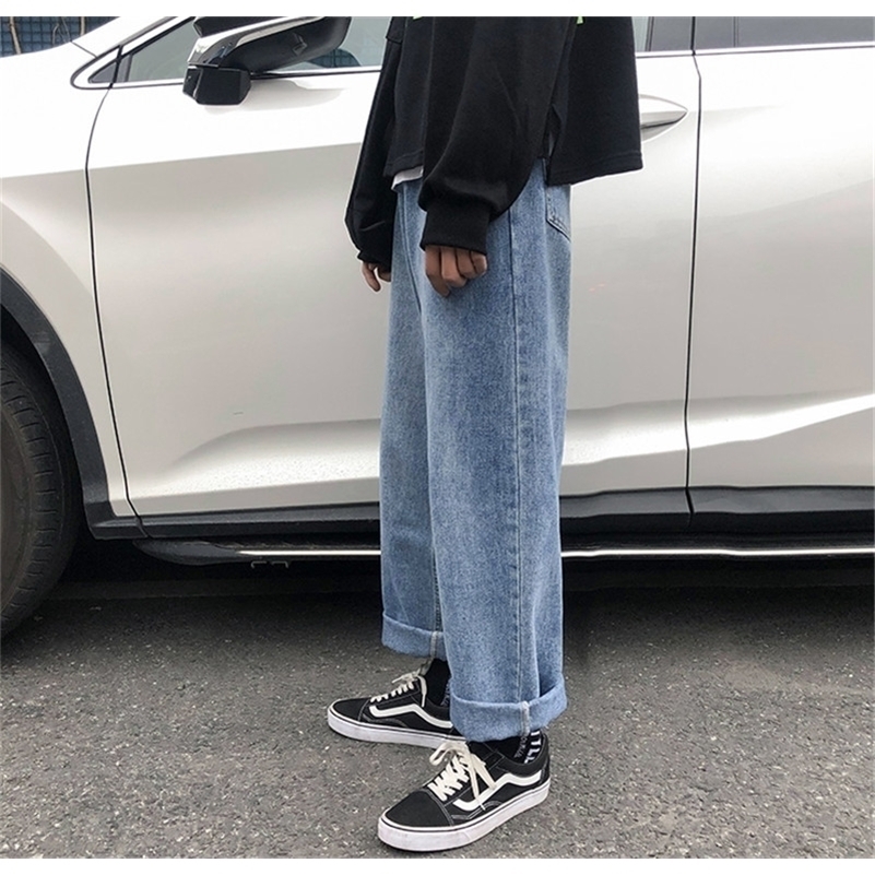 

New Men' Wide Leg Jeans Denim Trousers Casual Loose Male Straight Pants Solid Color Hip Hop Trousers Streetwear Plus Size 201111, Blue