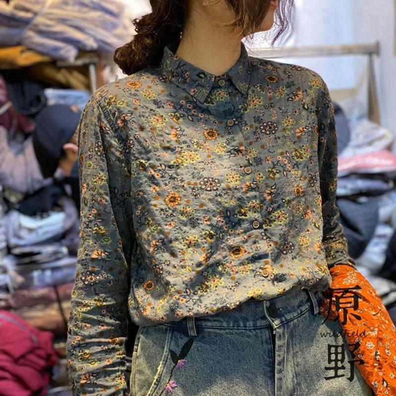 

2021 Spring Autumn Arts Style Women Long Sleeve Loose Shirts Vintage Print cotton linen Turn-down Collar Blouse Plus Size V68, Blue