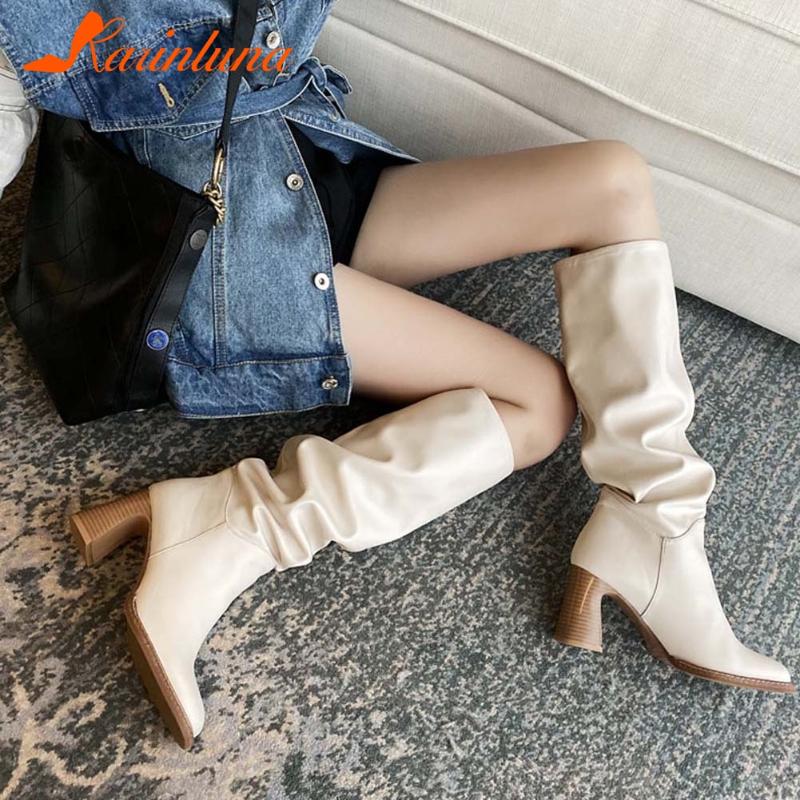 

Boots 2021 Fashionable Leisure Women Shoes Square Toe Solid Knee High Pleated Slip-on Spike Heels Autumn Winter, Beige