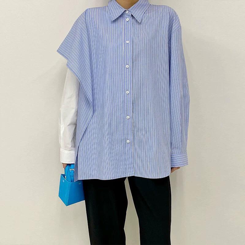 

12.9 2021 Spring New Women' Asymmetrical Sleeve Design Cotton Shirt Ladies Double-layer Contrast Color Striped Loose Blouse, As picture