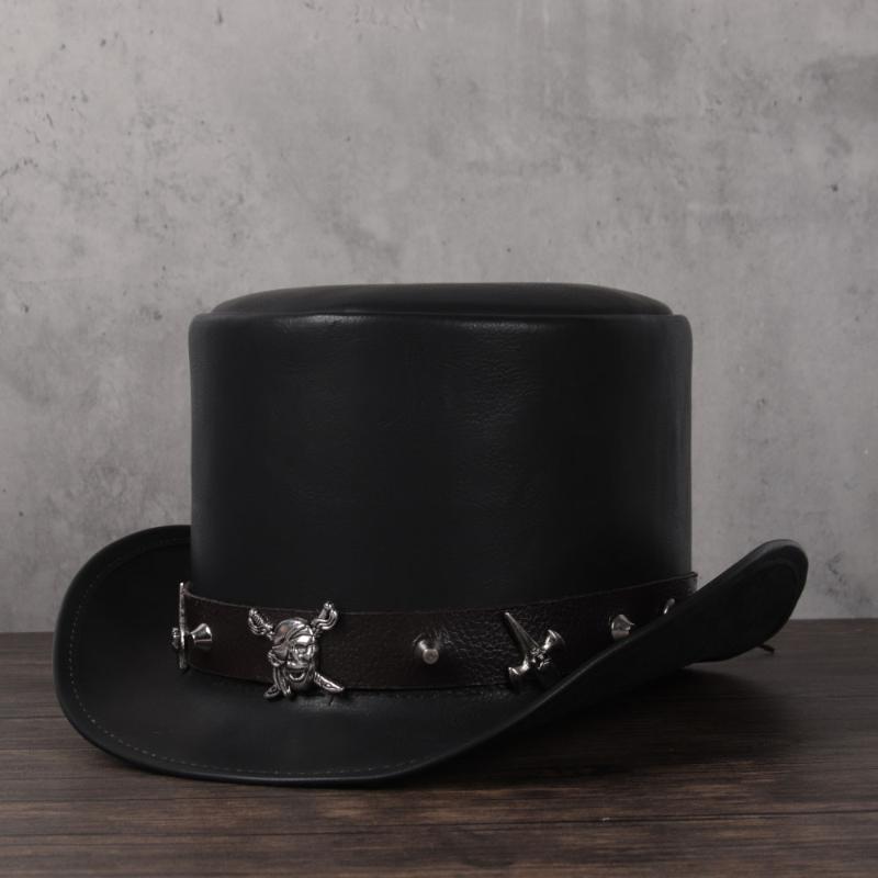 

3Size 13CM Women Men Leather Top Hat President Traditional Fedoras Hat Magic Steampunk Cosplay Party Caps Dropshiping, Black