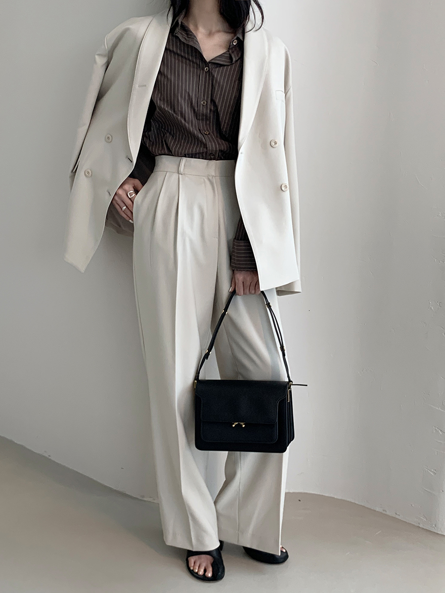 

2021 New Elegant Women Pant Double-breasted Blazer Jacket High Waist Pants 2 Pieces-set Office Lady Style Work Suits Sy3z, Beige pants
