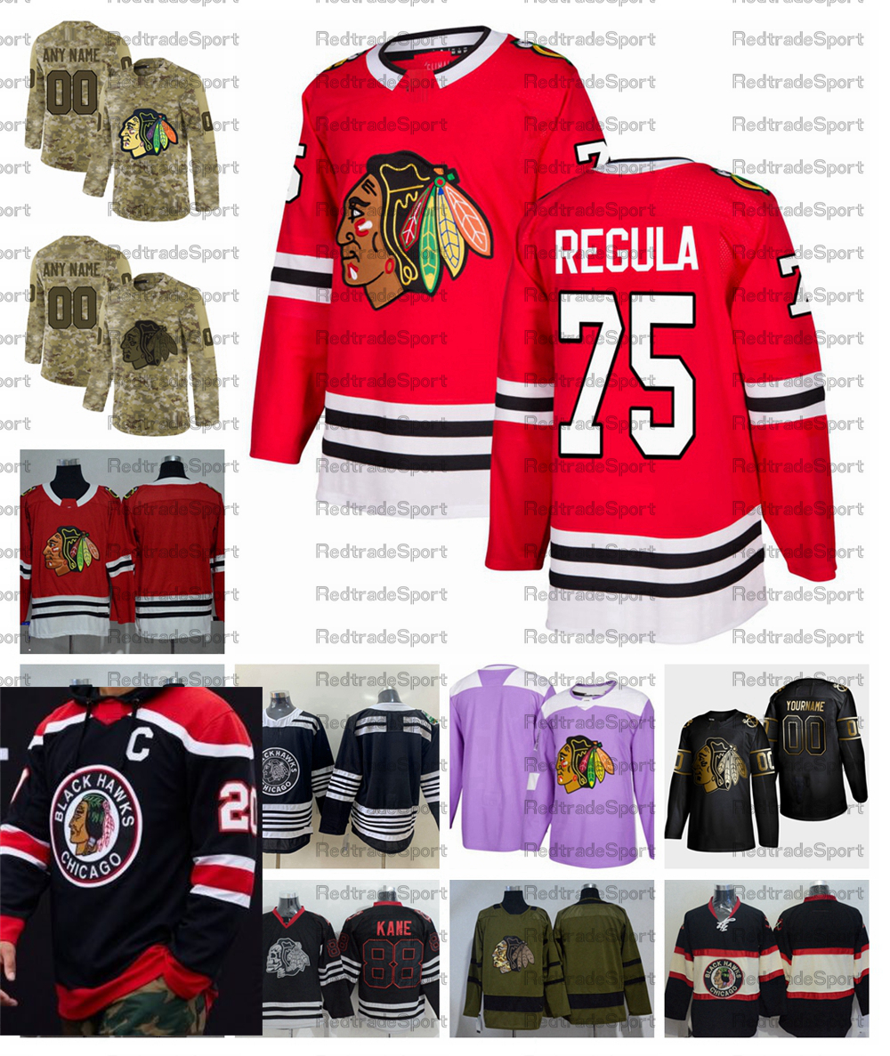

2021 Reverse Retro #75 Alec Regula Chicago Blackhawks Hockey Jerseys Golden Edition Camo Veterans Day Fights Custom Cancer Shirts, Black;red