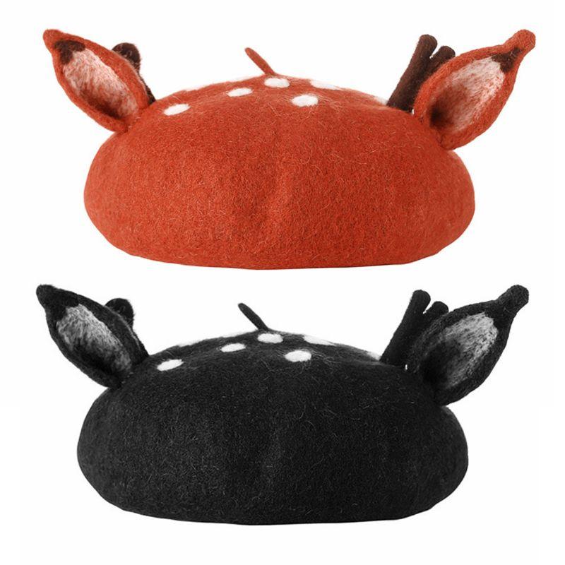 

Women Christmas Beret Cap Cute 3D Reindeer Antler Ears Faux Felt Painter Hat B95F