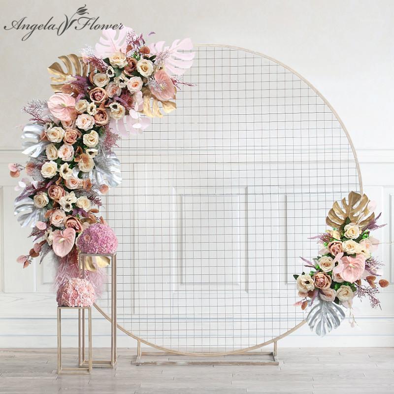 

New Homemade Moon Shape Flower Arrangement Wedding Arch Decor Artificial Rose Flower Runner Row Party Stage Props be Customized1, Pink