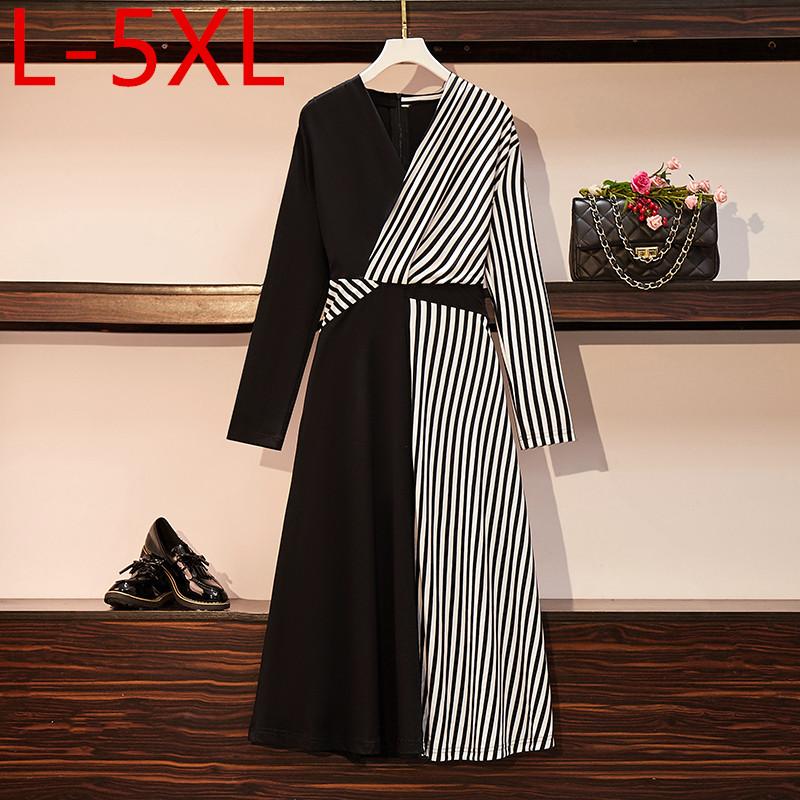 

5XL Plus Size 2021 Autumn Women's V Neck Long Sleeves Patchwork Stripe A Line Dress Ladies Party Dresses Oversize S180, As pic