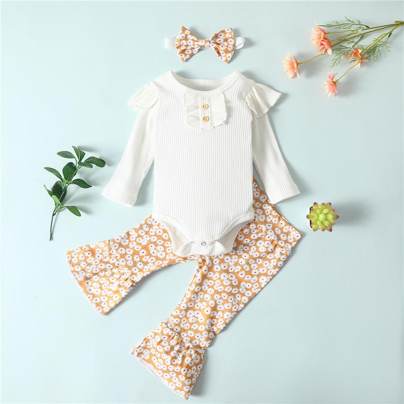 

2020 Baby's Clothing Set Long Sleeve Romper Print Daisy Pants Headwear Three-piece Suit for Toddler Girls casual outfit, White