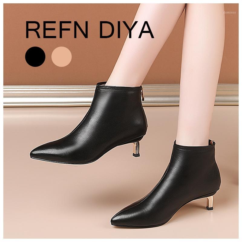 

REFN DIYA Fashion Women Boots Unique Genuine Leather Sexy Pointed Toe Heel Shoes New Hot Sale Office Career Ankle Boots SL92931, Black