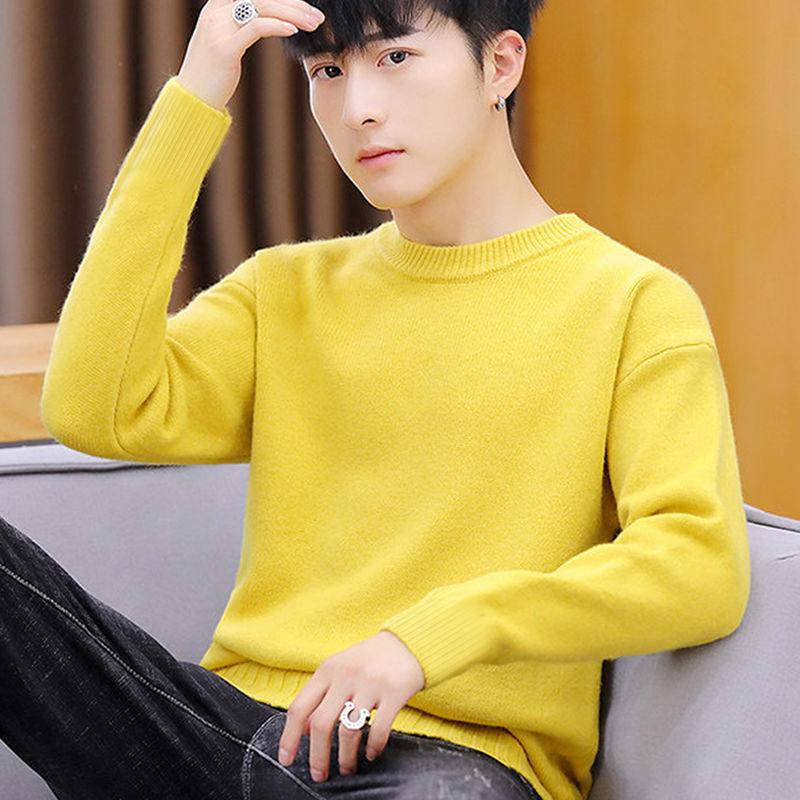 

New sweater men's autumn and winter round neck solid color knitted bottoming shirt young student sweater, Black