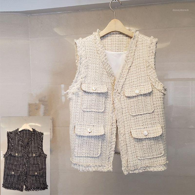 

2020 autumn winter women casual v-neck plaid tweed vests sleeveless jackets waistcoat Y7161, Black