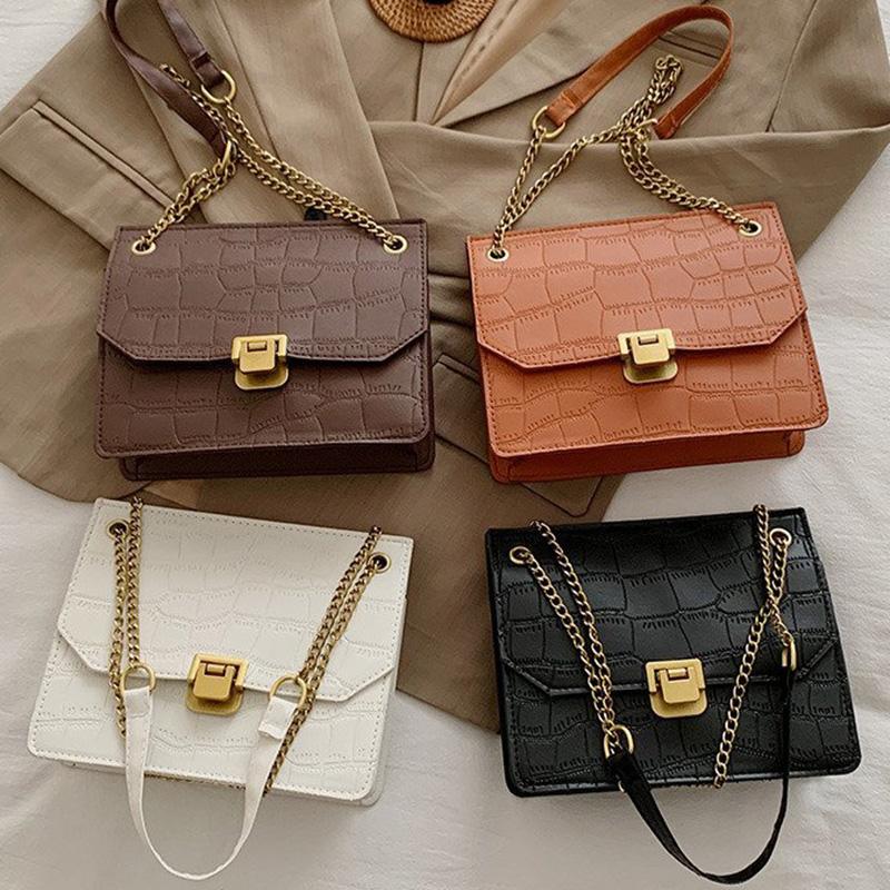 

2021 Fashion New Style Women Handbags High Quality PU leather Casual Retro Simple Women Bag Metal Chain Portable Shoulder Bag, Beige