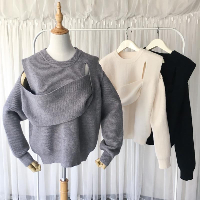 

Irregular Off Shoulder Sweater Stitching Hollow Out Loose Round Collar Knitted Pullover Women 2020 Winter New Design Clothing, Beige