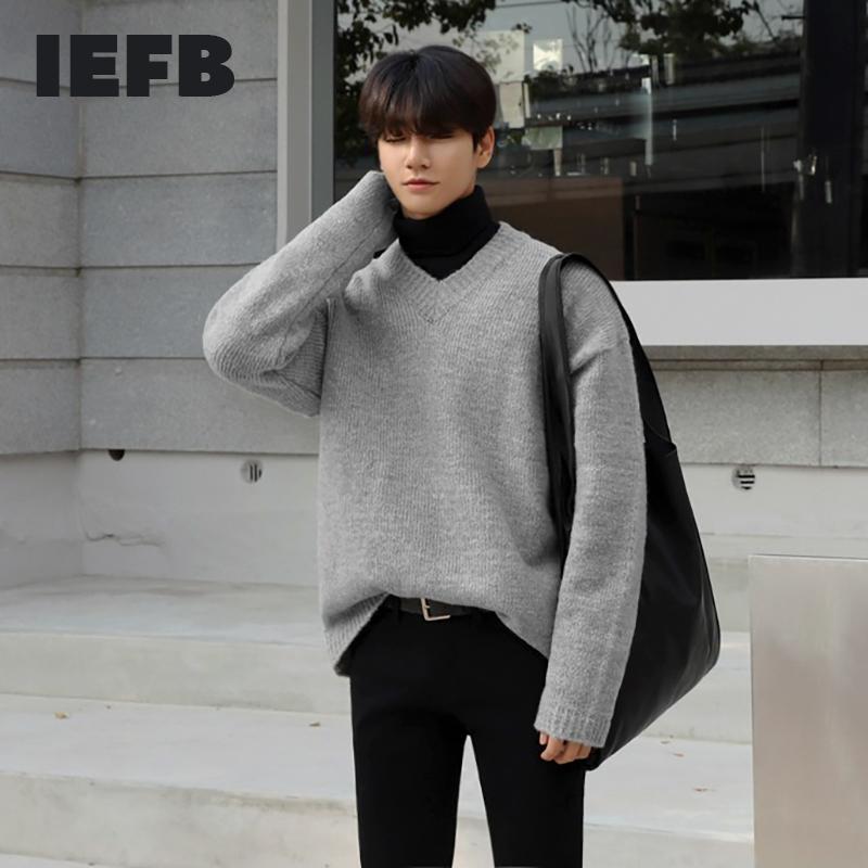 

IEFB Mohair V-Neck kintted Sweater men's Korean fashion loose solid color bottomed oversized long sleeve basic kintwear 9Y4761, Gray