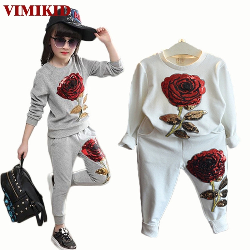 

Girls Clothing Sets Winter Wool Sportswear Long Sleeve Rose Floral Embroidered Sequinsets Kids Clothing Sets 3 colors k1 201031, Gray