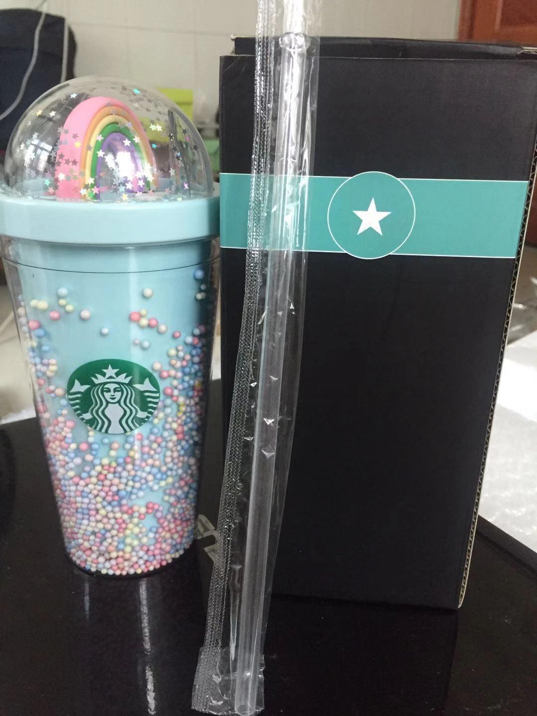 DHL 450ML Cute Rainbow Starbucks Cups Double Plastic with Straws PET Material for Kids Adult Girlfirend for Gift Products-image-653363793