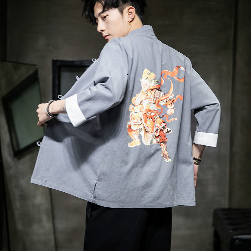 

2021 Man Spring Summer New Jackets Chinese Style Men's Short Sleeve T-shirt Graphic Print Coats Vintage Streetwear Jacket Yo03, Gray
