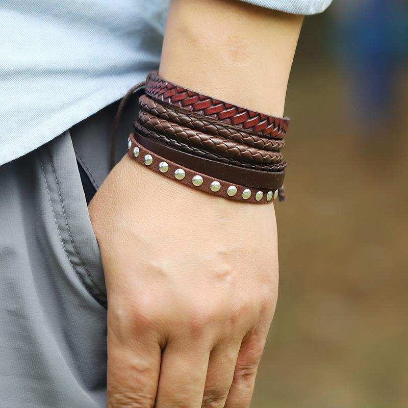 

Vintage Braided Leather Bracelets for Men Jewelry Handmade Punk Metal Charms Wrap Bracelet Set Women Wristband