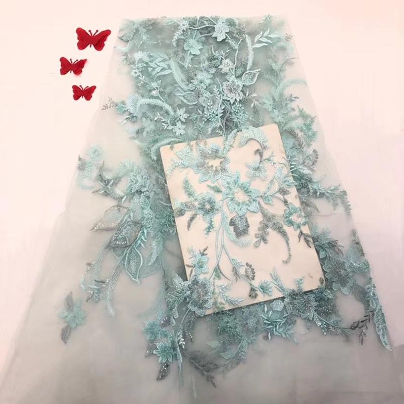 

Latest French Nigerian Laces Fabrics 2020 High Quality Green Color African Tulle Laces Fabric with Beads For Wedding Party Dress