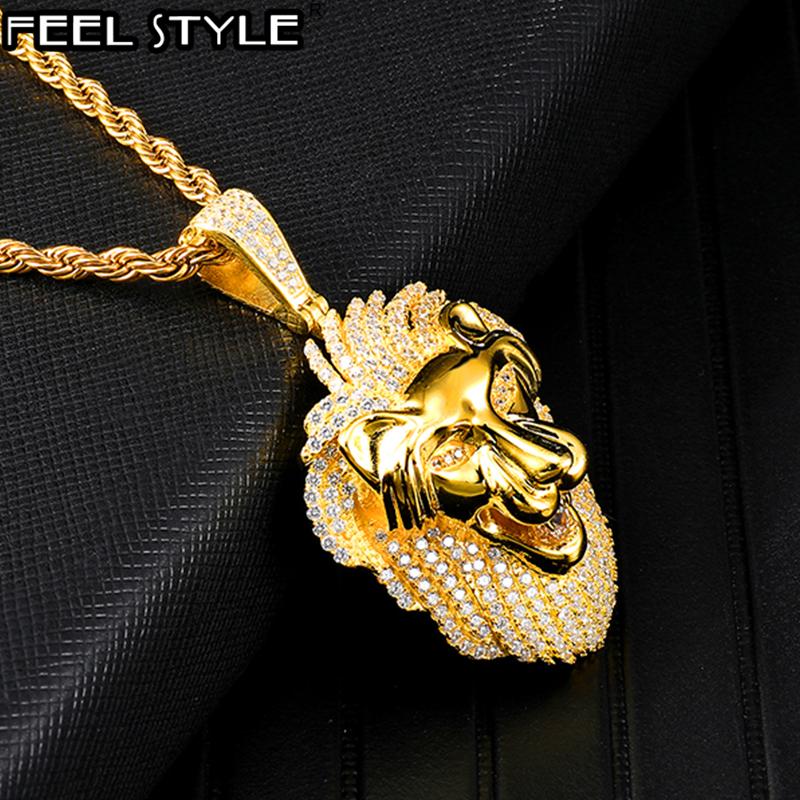 

Copper Animal Bling Full Iced Out Lion Rope Chain Pendants & Necklaces For Men HIP Hop Jewelry Gold Color Dropshipping