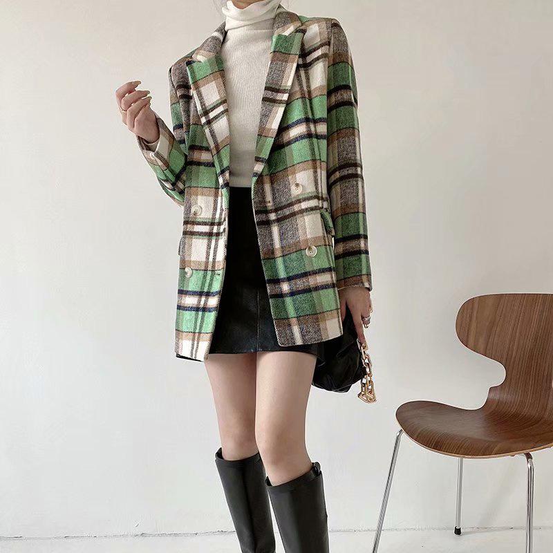 

Spring and autumn women' jacket casual plaid double-breasted pocket decorative jacket, Green